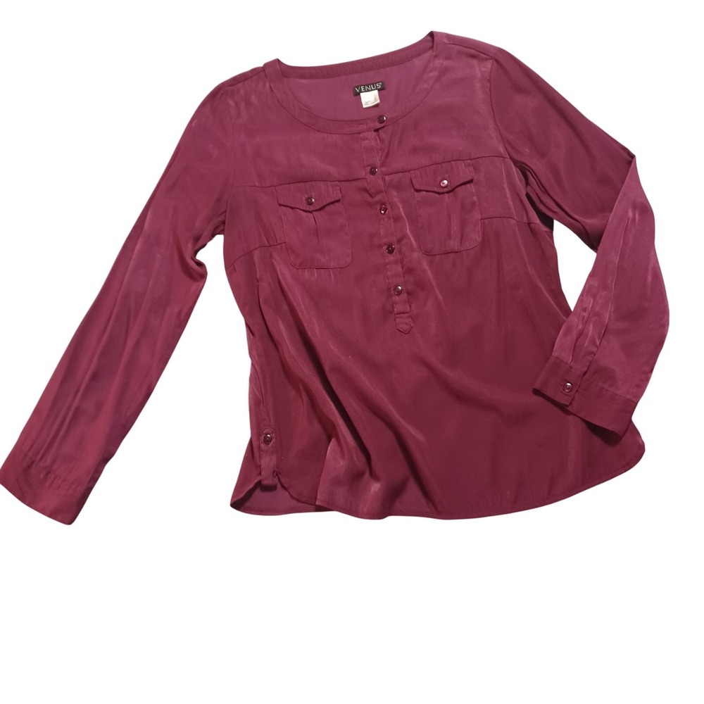 Venus Women Berry‎ Satin Long Sleeve Button Front Blouse Top Size 10 J4456 VF'14